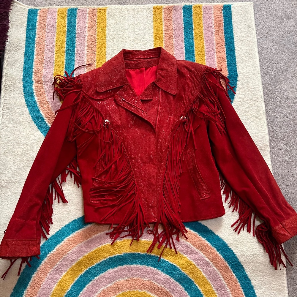 Vintage 80s red suede and leather fringe  jacket medium